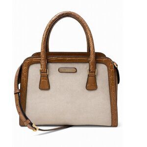 NWT MICHAEL KORS Croc-Embossed Leather Trim Canvas Satchel Bag – Brown/Tan $398